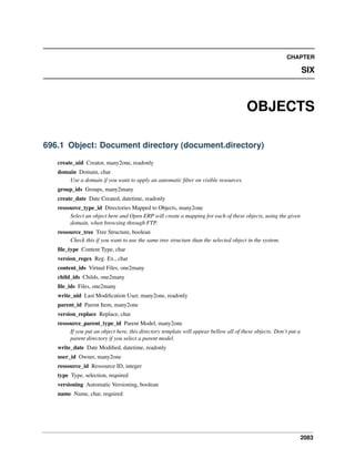 2083
CHAPTER
SIX
OBJECTS
696.1 Object: Document directory (document.directory)
create_uid Creator, many2one, readonly
domain Domain, char
Use a domain if you want to apply an automatic ﬁlter on visible resources.
group_ids Groups, many2many
create_date Date Created, datetime, readonly
ressource_type_id Directories Mapped to Objects, many2one
Select an object here and Open ERP will create a mapping for each of these objects, using the given
domain, when browsing through FTP.
ressource_tree Tree Structure, boolean
Check this if you want to use the same tree structure than the selected object in the system.
ﬁle_type Content Type, char
version_regex Reg. Ex., char
content_ids Virtual Files, one2many
child_ids Childs, one2many
ﬁle_ids Files, one2many
write_uid Last Modiﬁcation User, many2one, readonly
parent_id Parent Item, many2one
version_replace Replace, char
ressource_parent_type_id Parent Model, many2one
If you put an object here, this directory template will appear bellow all of these objects. Don’t put a
parent directory if you select a parent model.
write_date Date Modiﬁed, datetime, readonly
user_id Owner, many2one
ressource_id Ressource ID, integer
type Type, selection, required
versioning Automatic Versioning, boolean
name Name, char, required
 
