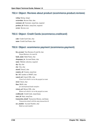 Open Object Technical Guide, Release 1.0
2100 Chapter 702. Objects
702.4 Object: Reviews about product (ecommerce.product.reviews)
rating Rating, integer
reviewdate Review Date, date
customer_id Customer, many2one, required
product_id Product, many2one, required
review Review, text
702.5 Object: Credit Cards (ecommerce.creditcard)
code Credit Card Code, char
name Credit Card Name, char
702.6 Object: ecommerce payment (ecommerce.payment)
biz_account Your Business E-mail Id, char
Paypal Business Account Id.
bank_name Bank Name, char
chequepay_to Account Name, char
name Method, selection, required
zip Zip, char
city City, char
street2 Street2, char
country_id Country, many2one
bic BIC number or SWIFT, char
cancel_url Cancel URL, char
Cancel url which is set at the paypal account.
street Street, char
iban IBAN, char
for international bank transfers
return_url Return URL, char
Return url which is set at the paypal account.
creditcards Credit Cards, many2many
state_id State, many2one
transaction_detail Transaction History, one2many
Transaction detail with the uniq transaction id.
acc_number Account Number, char
Bank account number
 