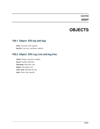 2117
CHAPTER
EIGHT
OBJECTS
708.1 Object: EDI log (edi.log)
name Log name, char, required
log_line Log Lines, one2many, readonly
708.2 Object: EDI Log Line (edi.log.line)
sender Partner, many2one, readonly
log_id Log Ref, many2one
timestamp Order date, char
logdesc Description, text
order_num Edi Order Id, char
name Name, char, required
 