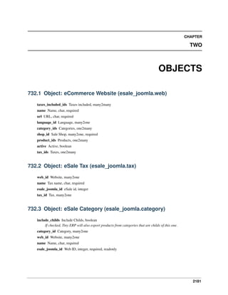 2181
CHAPTER
TWO
OBJECTS
732.1 Object: eCommerce Website (esale_joomla.web)
taxes_included_ids Taxes included, many2many
name Name, char, required
url URL, char, required
language_id Language, many2one
category_ids Categories, one2many
shop_id Sale Shop, many2one, required
product_ids Products, one2many
active Active, boolean
tax_ids Taxes, one2many
732.2 Object: eSale Tax (esale_joomla.tax)
web_id Website, many2one
name Tax name, char, required
esale_joomla_id eSale id, integer
tax_id Tax, many2one
732.3 Object: eSale Category (esale_joomla.category)
include_childs Include Childs, boolean
If checked, Tiny ERP will also export products from categories that are childs of this one.
category_id Category, many2one
web_id Website, many2one
name Name, char, required
esale_joomla_id Web ID, integer, required, readonly
 