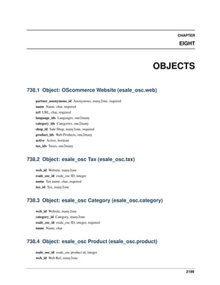 2199
CHAPTER
EIGHT
OBJECTS
738.1 Object: OScommerce Website (esale_osc.web)
partner_anonymous_id Anonymous, many2one, required
name Name, char, required
url URL, char, required
language_ids Languages, one2many
category_ids Categories, one2many
shop_id Sale Shop, many2one, required
product_ids Web Products, one2many
active Active, boolean
tax_ids Taxes, one2many
738.2 Object: esale_osc Tax (esale_osc.tax)
web_id Website, many2one
esale_osc_id esale_osc ID, integer
name Tax name, char, required
tax_id Tax, many2one
738.3 Object: esale_osc Category (esale_osc.category)
web_id Website, many2one
category_id Category, many2one
esale_osc_id esale_osc ID, integer, required
name Name, char
738.4 Object: esale_osc Product (esale_osc.product)
esale_osc_id esale_osc product id, integer
web_id Web Ref, many2one
 