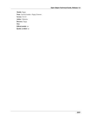 Open Object Technical Guide, Release 1.0
2237
Module ﬂagey
Name Auction module - Flagey Customs
Version 5.0.1.0
Author Unknown
Directory ﬂagey
Web
Ofﬁcial module no
Quality certiﬁed no
 