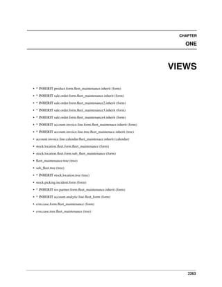 2263
CHAPTER
ONE
VIEWS
• * INHERIT product.form.ﬂeet_maintenance.inherit (form)
• * INHERIT sale.order.form.ﬂeet_maintenance.inherit (form)
• * INHERIT sale.order.form.ﬂeet_maintenance2.inherit (form)
• * INHERIT sale.order.form.ﬂeet_maintenance3.inherit (form)
• * INHERIT sale.order.form.ﬂeet_maintenance4.inherit (form)
• * INHERIT account.invoice.line.form.ﬂeet_maintenace.inherit (form)
• * INHERIT account.invoice.line.tree.ﬂeet_maintenace.inherit (tree)
• account.invoice.line.calendar.ﬂeet_maintenace.inherit (calendar)
• stock.location.ﬂeet.form.ﬂeet_maintenance (form)
• stock.location.ﬂeet.form.sub_ﬂeet_maintenance (form)
• ﬂeet_maintenance.tree (tree)
• sub_ﬂeet.tree (tree)
• * INHERIT stock.location.tree (tree)
• stock.picking.incident.form (form)
• * INHERIT res.partner.form.ﬂeet_maintenance.inherit (form)
• * INHERIT account.analytic.line.ﬂeet_form (form)
• crm.case.form.ﬂeet_maintenance (form)
• crm.case.tree.ﬂeet_maintenance (tree)
 