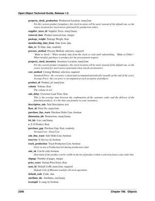 Open Object Technical Guide, Release 1.0
2340 Chapter 786. Objects
property_stock_production Production Location, many2one
For the current product (template), this stock location will be used, instead of the default one, as the
source location for stock moves generated by production orders
supplier_taxes_id Supplier Taxes, many2many
removal_time Product removal time, integer
package_weight Package Weight, ﬂoat
membership_date_from Date from, date
date_to To Date, date, readonly
procure_method Procure Method, selection, required
‘Make to Stock’: When needed, take from the stock or wait until refurnishing. ‘Make to Order’:
When needed, purchase or produce for the procurement request.
property_stock_inventory Inventory Location, many2one
For the current product (template), this stock location will be used, instead of the default one, as the
source location for stock moves generated when you do an inventory
cost_method Costing Method, selection, required
Standard Price: the cost price is ﬁxed and recomputed periodically (usually at the end of the year),
Average Price: the cost price is recomputed at each reception of products.
product_id Product_id, many2one
volume Volume, ﬂoat
The volume in m3.
sale_delay Customer Lead Time, ﬂoat
This is the average time between the conﬁrmation of the customer order and the delivery of the
ﬁnnished products. It’s the time you promise to your customers.
description_sale Sale Description, text
ﬂoor_id Floor No, many2one
purchase_line_warn Purchase Order Line, boolean
dimension_ids Dimensions, many2many
lot_ids Lots, one2many
z Z of Product, ﬂoat
purchase_gap Purchase Gap, ﬂoat, readonly
Normal Cost - Total Cost
sale_line_warn Sale Order Line, boolean
isservice Is Service id, boolean
track_production Track Production Lots, boolean
Force to use a Production Lot during production order
sale_ok Can be sold, boolean
Determine if the product can be visible in the list of product within a selection from a sale order line.
nbpage Number of pages, integer
price_extra Variant Price Extra, ﬂoat
uom_id Default UoM, many2one, required
Default Unit of Measure used for all stock operation.
default_code Code, char
attribute_ids Attributes, one2many
iscategid Is categ id, boolean
 
