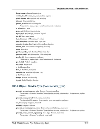 Open Object Technical Guide, Release 1.0
786.9. Object: Service Type (hotel.service_type) 2347
layout_remark Layout Remark, text
service_line_id service_line_id, many2one, required
price_subtotal_incl Subtotal, ﬂoat, readonly
discount Discount (%), ﬂoat
prodlot_id Production lot, many2one
Production lot is used to put a serial number on the production
x X of Product, ﬂoat
price_net Net Price, ﬂoat, readonly
layout_type Layout Type, selection, required
tax_id Taxes, many2many
is_maintenance Is Maintenance, boolean
page_reference Reference of the Page, char
expected_invoice_date Expected Invoice Date, datetime
invoice_lines Invoice Lines, many2many, readonly
notes Notes, text
purchase_order_state Purchase Order State, char
purchase_order Related Purchase Order, many2one
prodlot_ids Lots Assignation, one2many
Production lot is used to put a serial number on the production
product_id Product, many2one
th_weight Weight, ﬂoat
y Y of Product, ﬂoat
ﬂeet_id Sub Fleet, many2one
customer_ref Customer reference, char
z Z of Product, ﬂoat
margin Margin, ﬂoat, readonly
to_date End of Validity, datetime
786.9 Object: Service Type (hotel.service_type)
property_account_expense_categ Expense Account, many2one
This account will be used, instead of the default one, to value outgoing stock for the current product
category
property_stock_journal Stock journal, many2one
This journal will be used for the accounting move generated by stock move
ser_id category, many2one, required
sequence Sequence, integer
property_account_expense_europe Expense Account for Europe, many2one
This account will be used, instead of the default one, to value outgoing stock for the current product
property_stock_account_input_categ Stock Input Account, many2one
This account will be used to value the input stock
 