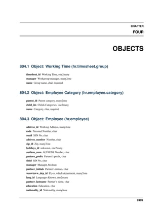 2409
CHAPTER
FOUR
OBJECTS
804.1 Object: Working Time (hr.timesheet.group)
timesheet_id Working Time, one2many
manager Workgroup manager, many2one
name Group name, char, required
804.2 Object: Employee Category (hr.employee.category)
parent_id Parent category, many2one
child_ids Childs Categories, one2many
name Category, char, required
804.3 Object: Employee (hr.employee)
address_id Working Address, many2one
code Personal Number, char
ssnid SSN No, char
address_number Number, char
zip_id Zip, many2one
holidays_id unknown, one2many
audiens_num AUDIENS Number, char
partner_preﬁx Partner’s preﬁx, char
sinid SIN No, char
manager Manager, boolean
partner_initials Partner’s initials, char
waowiaww_dep_id If yes, which department, many2one
lang_id Languages Known, one2many
partner_lastname Partner’s name, char
education Education, char
nationality_id Nationality, many2one
 