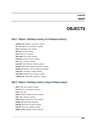 2555
CHAPTER
EIGHT
OBJECTS
858.1 Object: Holidays history (hr.holidays.history)
employee_id Employee, many2one, readonly
user_id Employee_id, many2one, readonly
name Description, char, readonly
date_to1 To, date, readonly
notes Notes, text, readonly
date_from1 From, date, readonly
contactno Contact no, char, readonly
state State, selection, readonly
total_full Total Full Leave, integer, readonly
manager_id Holiday manager, many2one, readonly
holiday_id Holiday’s days list, one2many, readonly
total_hour Total Hours, integer, readonly
total_half Total Half Leave, integer, readonly
validated_id Validated By, many2one, readonly
858.2 Object: Holidays history (days.holidays.days)
date1 Date, date, required, readonly
user_id User_id, many2one, readonly
name Date, char
public_h Public Holiday, boolean, readonly
state State, selection, readonly
hourly_leave Hourly Leave, ﬂoat, readonly
holiday_id Holiday Ref, many2one
half_day Half Leave, boolean, readonly
full_day Full Leave, boolean, readonly
holiday_status Holiday’s Status, many2one
 