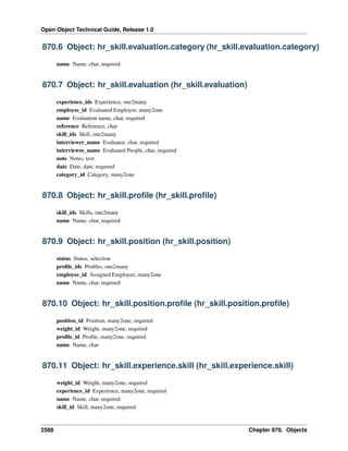 Open Object Technical Guide, Release 1.0
2588 Chapter 870. Objects
870.6 Object: hr_skill.evaluation.category (hr_skill.evaluation.category)
name Name, char, required
870.7 Object: hr_skill.evaluation (hr_skill.evaluation)
experience_ids Experience, one2many
employee_id Evaluated Employee, many2one
name Evaluation name, char, required
reference Reference, char
skill_ids Skill, one2many
interviewer_name Evaluator, char, required
interviewee_name Evaluated People, char, required
note Notes, text
date Date, date, required
category_id Category, many2one
870.8 Object: hr_skill.proﬁle (hr_skill.proﬁle)
skill_ids Skills, one2many
name Name, char, required
870.9 Object: hr_skill.position (hr_skill.position)
status Status, selection
proﬁle_ids Proﬁles, one2many
employee_id Assigned Employee, many2one
name Name, char, required
870.10 Object: hr_skill.position.proﬁle (hr_skill.position.proﬁle)
position_id Position, many2one, required
weight_id Weight, many2one, required
proﬁle_id Proﬁle, many2one, required
name Name, char
870.11 Object: hr_skill.experience.skill (hr_skill.experience.skill)
weight_id Weight, many2one, required
experience_id Experience, many2one, required
name Name, char, required
skill_id Skill, many2one, required
 