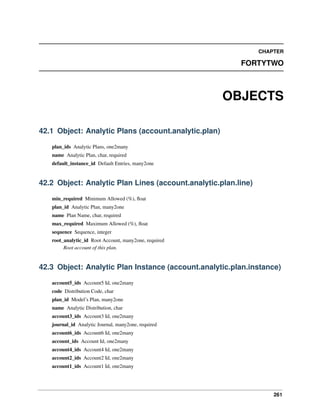 261
CHAPTER
FORTYTWO
OBJECTS
42.1 Object: Analytic Plans (account.analytic.plan)
plan_ids Analytic Plans, one2many
name Analytic Plan, char, required
default_instance_id Default Entries, many2one
42.2 Object: Analytic Plan Lines (account.analytic.plan.line)
min_required Minimum Allowed (%), ﬂoat
plan_id Analytic Plan, many2one
name Plan Name, char, required
max_required Maximum Allowed (%), ﬂoat
sequence Sequence, integer
root_analytic_id Root Account, many2one, required
Root account of this plan.
42.3 Object: Analytic Plan Instance (account.analytic.plan.instance)
account5_ids Account5 Id, one2many
code Distribution Code, char
plan_id Model’s Plan, many2one
name Analytic Distribution, char
account3_ids Account3 Id, one2many
journal_id Analytic Journal, many2one, required
account6_ids Account6 Id, one2many
account_ids Account Id, one2many
account4_ids Account4 Id, one2many
account2_ids Account2 Id, one2many
account1_ids Account1 Id, one2many
 