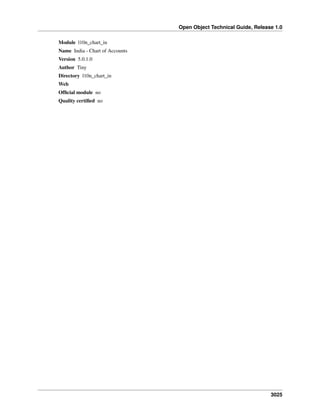 Open Object Technical Guide, Release 1.0
3025
Module l10n_chart_in
Name India - Chart of Accounts
Version 5.0.1.0
Author Tiny
Directory l10n_chart_in
Web
Ofﬁcial module no
Quality certiﬁed no
 