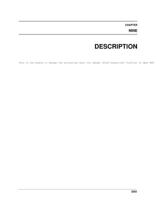 3203
CHAPTER
NINE
DESCRIPTION
This is the module to manage the accounting chart for Sweden (Food Industries’ Profile) in Open ERP.
 