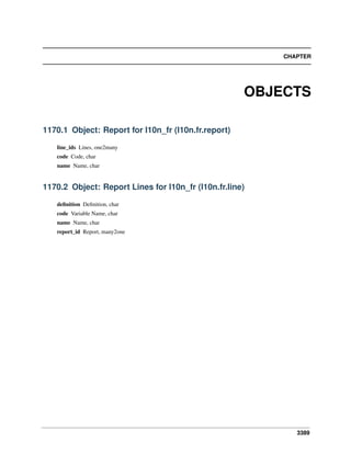 3389
CHAPTER
OBJECTS
1170.1 Object: Report for l10n_fr (l10n.fr.report)
line_ids Lines, one2many
code Code, char
name Name, char
1170.2 Object: Report Lines for l10n_fr (l10n.fr.line)
deﬁnition Deﬁnition, char
code Variable Name, char
name Name, char
report_id Report, many2one
 