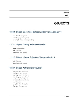 3501
CHAPTER
TWO
OBJECTS
1212.1 Object: Book Price Category (library.price.category)
price Price, ﬂoat, required
name Category, char, required
product_ids Books, one2many, readonly
1212.2 Object: Library Rack (library.rack)
active Active, boolean
code Code, char
name Name, char, required
1212.3 Object: Library Collection (library.collection)
code Code, char
name Name, char, required
1212.4 Object: Author (library.author)
ﬁrst_name First Name, char
name Name, char, required
editor_ids Editors, many2many
book_ids Books, many2many
death_date Date of death, date
note Notes, text
born_date Date of birth, date
biography Biography, text
 