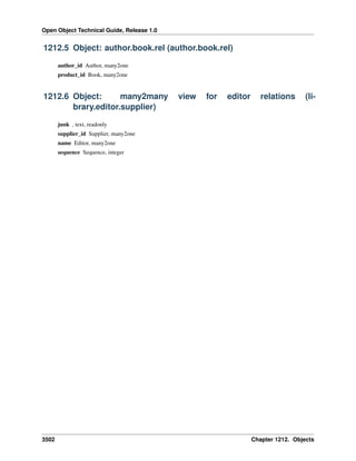 Open Object Technical Guide, Release 1.0
3502 Chapter 1212. Objects
1212.5 Object: author.book.rel (author.book.rel)
author_id Author, many2one
product_id Book, many2one
1212.6 Object: many2many view for editor relations (li-
brary.editor.supplier)
junk , text, readonly
supplier_id Supplier, many2one
name Editor, many2one
sequence Sequence, integer
 