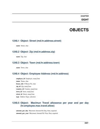 3597
CHAPTER
EIGHT
OBJECTS
1248.1 Object: Street (md.hr.address.street)
name Street, char
1248.2 Object: Zip (md.hr.address.zip)
name Zip, char
1248.3 Object: Town (md.hr.address.town)
name Town, char
1248.4 Object: Employee Address (md.hr.address)
employee_id Employee, many2one
name Name, char
house_nbr # House No, char
zip_id Zip, many2one
country_id Country, many2one
town_id Town, many2one
street_id Street, many2one
type Address Type, selection
1248.5 Object: Maximun Travel allowance per year and per day
(hr.employee.max.travel.allow)
amount_per_day Maximun Amount Per Day, ﬂoat, required
amount_per_year Maximum Amount Per Year, ﬂoat, required
 