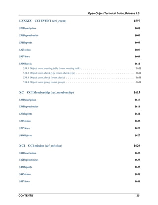 Open Object Technical Guide, Release 1.0
CONTENTS 35
LXXXIX CCI EVENT (cci_event) 1597
529Description 1601
530Dependencies 1603
531Reports 1605
532Menus 1607
533Views 1609
534Objects 1611
534.1 Object: event.meeting.table (event.meeting.table) . . . . . . . . . . . . . . . . . . . . . . . . . . . . 1611
534.2 Object: event.check.type (event.check.type) . . . . . . . . . . . . . . . . . . . . . . . . . . . . . . . 1611
534.3 Object: event.check (event.check) . . . . . . . . . . . . . . . . . . . . . . . . . . . . . . . . . . . . 1611
534.4 Object: event.group (event.group) . . . . . . . . . . . . . . . . . . . . . . . . . . . . . . . . . . . . 1611
XC CCI Membership (cci_membership) 1613
535Description 1617
536Dependencies 1619
537Reports 1621
538Menus 1623
539Views 1625
540Objects 1627
XCI CCI mission (cci_mission) 1629
541Description 1633
542Dependencies 1635
543Reports 1637
544Menus 1639
545Views 1641
 