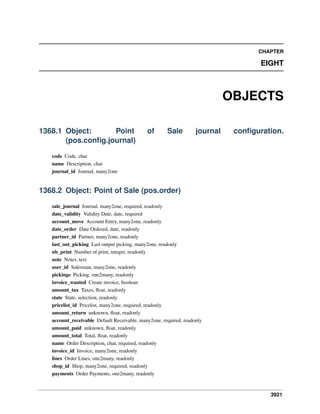 3921
CHAPTER
EIGHT
OBJECTS
1368.1 Object: Point of Sale journal conﬁguration.
(pos.conﬁg.journal)
code Code, char
name Description, char
journal_id Journal, many2one
1368.2 Object: Point of Sale (pos.order)
sale_journal Journal, many2one, required, readonly
date_validity Validity Date, date, required
account_move Account Entry, many2one, readonly
date_order Date Ordered, date, readonly
partner_id Partner, many2one, readonly
last_out_picking Last output picking, many2one, readonly
nb_print Number of print, integer, readonly
note Notes, text
user_id Salesman, many2one, readonly
pickings Picking, one2many, readonly
invoice_wanted Create invoice, boolean
amount_tax Taxes, ﬂoat, readonly
state State, selection, readonly
pricelist_id Pricelist, many2one, required, readonly
amount_return unknown, ﬂoat, readonly
account_receivable Default Receivable, many2one, required, readonly
amount_paid unknown, ﬂoat, readonly
amount_total Total, ﬂoat, readonly
name Order Description, char, required, readonly
invoice_id Invoice, many2one, readonly
lines Order Lines, one2many, readonly
shop_id Shop, many2one, required, readonly
payments Order Payments, one2many, readonly
 