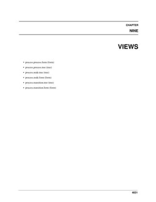 4031
CHAPTER
NINE
VIEWS
• process.process.form (form)
• process.process.tree (tree)
• process.node.tree (tree)
• process.node.form (form)
• process.transition.tree (tree)
• process.transition.form (form)
 