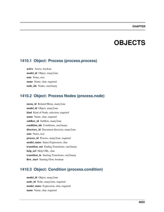 4033
CHAPTER
OBJECTS
1410.1 Object: Process (process.process)
active Active, boolean
model_id Object, many2one
note Notes, text
name Name, char, required
node_ids Nodes, one2many
1410.2 Object: Process Nodes (process.node)
menu_id Related Menu, many2one
model_id Object, many2one
kind Kind of Node, selection, required
name Name, char, required
subﬂow_id Subﬂow, many2one
condition_ids Conditions, one2many
directory_id Document directory, many2one
note Notes, text
process_id Process, many2one, required
model_states States Expression, char
transition_out Ending Transitions, one2many
help_url Help URL, char
transition_in Starting Transitions, one2many
ﬂow_start Starting Flow, boolean
1410.3 Object: Condition (process.condition)
model_id Object, many2one
node_id Node, many2one, required
model_states Expression, char, required
name Name, char, required
 