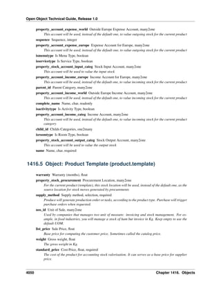 Open Object Technical Guide, Release 1.0
4050 Chapter 1416. Objects
property_account_expense_world Outside Europe Expense Account, many2one
This account will be used, instead of the default one, to value outgoing stock for the current product
sequence Sequence, integer
property_account_expense_europe Expense Account for Europe, many2one
This account will be used, instead of the default one, to value outgoing stock for the current product
ismenutype Is Menu Type, boolean
isservicetype Is Service Type, boolean
property_stock_account_input_categ Stock Input Account, many2one
This account will be used to value the input stock
property_account_income_europe Income Account for Europe, many2one
This account will be used, instead of the default one, to value incoming stock for the current product
parent_id Parent Category, many2one
property_account_income_world Outside Europe Income Account, many2one
This account will be used, instead of the default one, to value incoming stock for the current product
complete_name Name, char, readonly
isactivitytype Is Activity Type, boolean
property_account_income_categ Income Account, many2one
This account will be used, instead of the default one, to value incoming stock for the current product
category
child_id Childs Categories, one2many
isroomtype Is Room Type, boolean
property_stock_account_output_categ Stock Output Account, many2one
This account will be used to value the output stock
name Name, char, required
1416.5 Object: Product Template (product.template)
warranty Warranty (months), ﬂoat
property_stock_procurement Procurement Location, many2one
For the current product (template), this stock location will be used, instead of the default one, as the
source location for stock moves generated by procurements
supply_method Supply method, selection, required
Produce will generate production order or tasks, according to the product type. Purchase will trigger
purchase orders when requested.
uos_id Unit of Sale, many2one
Used by companies that manages two unit of measure: invoicing and stock management. For ex-
ample, in food industries, you will manage a stock of ham but invoice in Kg. Keep empty to use the
default UOM.
list_price Sale Price, ﬂoat
Base price for computing the customer price. Sometimes called the catalog price.
weight Gross weight, ﬂoat
The gross weight in Kg.
standard_price Cost Price, ﬂoat, required
The cost of the product for accounting stock valorisation. It can serves as a base price for supplier
price.
 