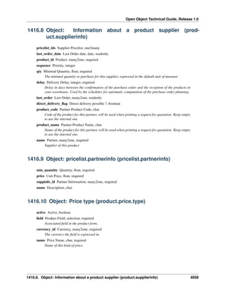 Open Object Technical Guide, Release 1.0
1416.8. Object: Information about a product supplier (product.supplierinfo) 4059
1416.8 Object: Information about a product supplier (prod-
uct.supplierinfo)
pricelist_ids Supplier Pricelist, one2many
last_order_date Last Order date, date, readonly
product_id Product, many2one, required
sequence Priority, integer
qty Minimal Quantity, ﬂoat, required
The minimal quantity to purchase for this supplier, expressed in the default unit of measure.
delay Delivery Delay, integer, required
Delay in days between the conﬁrmation of the purchase order and the reception of the products in
your warehouse. Used by the scheduler for automatic computation of the purchase order planning.
last_order Last Order, many2one, readonly
direct_delivery_ﬂag Direct delivery possible ?, boolean
product_code Partner Product Code, char
Code of the product for this partner, will be used when printing a request for quotation. Keep empty
to use the internal one.
product_name Partner Product Name, char
Name of the product for this partner, will be used when printing a request for quotation. Keep empty
to use the internal one.
name Partner, many2one, required
Supplier of this product
1416.9 Object: pricelist.partnerinfo (pricelist.partnerinfo)
min_quantity Quantity, ﬂoat, required
price Unit Price, ﬂoat, required
suppinfo_id Partner Information, many2one, required
name Description, char
1416.10 Object: Price type (product.price.type)
active Active, boolean
ﬁeld Product Field, selection, required
Associated ﬁeld in the product form.
currency_id Currency, many2one, required
The currency the ﬁeld is expressed in.
name Price Name, char, required
Name of this kind of price.
 