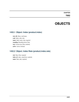 4157
CHAPTER
TWO
OBJECTS
1452.1 Object: Index (product.index)
rate_ids Rates, one2many
code Index code, char
name Index name, char, required
rounding Rounding factor, ﬂoat
rate Current rate, ﬂoat, readonly
active Active, boolean
1452.2 Object: Index Rate (product.index.rate)
rate Rate, ﬂoat, required
index_id index, many2one, readonly
name Date, date, required
 