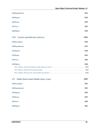 Open Object Technical Guide, Release 1.0
CONTENTS 43
644Dependencies 1921
645Reports 1923
646Menus 1925
647Views 1927
648Objects 1929
CIX Carriers and deliveries (delivery) 1931
649Description 1935
650Dependencies 1937
651Reports 1939
652Menus 1941
653Views 1943
654Objects 1945
654.1 Object: Carrier and delivery grids (delivery.carrier) . . . . . . . . . . . . . . . . . . . . . . . . . . . 1945
654.2 Object: Delivery Grid (delivery.grid) . . . . . . . . . . . . . . . . . . . . . . . . . . . . . . . . . . 1945
654.3 Object: Delivery line of grid (delivery.grid.line) . . . . . . . . . . . . . . . . . . . . . . . . . . . . . 1945
CX Online Demo Setup Module (demo_setup) 1947
655Description 1951
656Dependencies 1953
657Reports 1955
658Menus 1957
659Views 1959
660Objects 1961
 