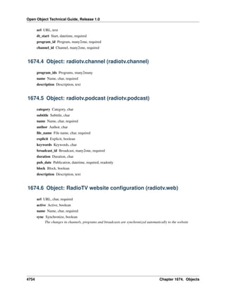 Open Object Technical Guide, Release 1.0
4754 Chapter 1674. Objects
url URL, text
dt_start Start, datetime, required
program_id Program, many2one, required
channel_id Channel, many2one, required
1674.4 Object: radiotv.channel (radiotv.channel)
program_ids Programs, many2many
name Name, char, required
description Description, text
1674.5 Object: radiotv.podcast (radiotv.podcast)
category Category, char
subtitle Subtitle, char
name Name, char, required
author Author, char
ﬁle_name File name, char, required
explicit Explicit, boolean
keywords Keywords, char
broadcast_id Broadcast, many2one, required
duration Duration, char
pub_date Publication, datetime, required, readonly
block Block, boolean
description Description, text
1674.6 Object: RadioTV website conﬁguration (radiotv.web)
url URL, char, required
active Active, boolean
name Name, char, required
sync Synchronize, boolean
The changes in channels, programs and broadcasts are synchronized automatically to the website
 