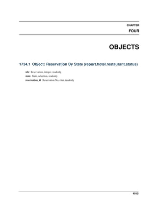4915
CHAPTER
FOUR
OBJECTS
1734.1 Object: Reservation By State (report.hotel.restaurant.status)
nbr Reservation, integer, readonly
state State, selection, readonly
reservation_id Reservation No, char, readonly
 