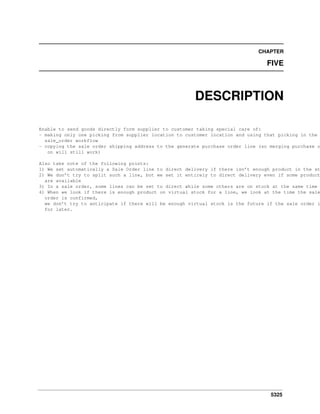 5325
CHAPTER
FIVE
DESCRIPTION
Enable to send goods directly form supplier to customer taking special care of:
- making only one picking from supplier location to customer location and using that picking in the
sale_order workflow
- copying the sale order shipping address to the generate purchase order line (so merging purchase o
on will still work)
Also take note of the following points:
1) We set automatically a Sale Order line to direct delivery if there isn’t enough product in the st
2) We don’t try to split such a line, but we set it entirely to direct delivery even if some product
are available
3) In a sale order, some lines can be set to direct while some others are on stock at the same time
4) When we look if there is enough product on virtual stock for a line, we look at the time the sale
order is confirmed,
we don’t try to anticipate if there will be enough virtual stock is the future if the sale order i
for later.
 