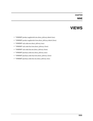 5333
CHAPTER
NINE
VIEWS
• * INHERIT product.supplierinfo.tree.direct_delivery.inherit (tree)
• * INHERIT product.supplierinfo.form.direct_delivery.inherit (form)
• * INHERIT sale.order.tree.direct_delivery (tree)
• * INHERIT sale.order.line.form.direct_delivery (form)
• * INHERIT sale.order.line.tree.direct_delivery (form)
• * INHERIT purchase.order.tree.direct_delivery (tree)
• * INHERIT purchase.order.line.form.direct_delivery (form)
• * INHERIT purchase.order.line.tree.direct_delivery (tree)
 
