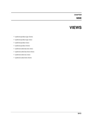5413
CHAPTER
NINE
VIEWS
• sandwich.product.type (form)
• sandwich.product.type (tree)
• sandwich.product (tree)
• sandwich.product (form)
• sandwich.order.line.tree (tree)
• sandwich.order.line.form (form)
• sandwich.order.tree (tree)
• sandwich.order.form (form)
 