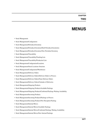 5477
CHAPTER
TWO
MENUS
• Stock Management
• Stock Management/Conﬁguration
• Stock Management/Periodical Inventory
• Stock Management/Periodical Inventory/Draft Periodical Inventories
• Stock Management/Periodical Inventory/New Periodical Inventory
• Stock Management/Traceability
• Stock Management/Traceability/Tracking Lots
• Stock Management/Traceability/Production Lots
• Stock Management/Conﬁguration/Locations
• Stock Management/Stock Locations Structure
• Stock Management/Conﬁguration/Warehouses
• Stock Management/Delivery Orders
• Stock Management/Delivery Orders/Delivery Orders to Process
• Stock Management/Delivery Orders/Futur Delivery Orders
• Stock Management/Delivery Orders/Calendar of Deliveries
• Stock Management/Outgoing Products
• Stock Management/Outgoing Products/Available Packings
• Stock Management/Outgoing Products/Conﬁrmed Packings Waiting Availability
• Stock Management/Incoming Products
• Stock Management/Incoming Products/Packings to Process
• Stock Management/Incoming Products/New Reception Packing
• Stock Management/Internal Moves
• Stock Management/Internal Moves/Available Packings
• Stock Management/Internal Moves/Conﬁrmed Packings Waiting Availability
• Stock Management/Internal Moves/New Internal Packings
 