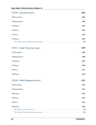 Open Object Technical Guide, Release 1.0
52 CONTENTS
CXXIX gnucash (gnucash) 2283
769Description 2287
770Dependencies 2289
771Reports 2291
772Menus 2293
773Views 2295
774Objects 2297
774.1 Object: gnucash.index (gnucash.index) . . . . . . . . . . . . . . . . . . . . . . . . . . . . . . . . . 2297
CXXX Google Map (google_map) 2299
775Description 2303
776Dependencies 2305
777Reports 2307
778Menus 2309
779Views 2311
780Objects 2313
CXXXI Hotel Management (hotel) 2315
781Description 2319
782Dependencies 2321
783Reports 2323
784Menus 2325
785Views 2327
786Objects 2329
786.1 Object: Floor (hotel.ﬂoor) . . . . . . . . . . . . . . . . . . . . . . . . . . . . . . . . . . . . . . . . 2329
786.2 Object: Room Type (hotel.room_type) . . . . . . . . . . . . . . . . . . . . . . . . . . . . . . . . . 2329
 
