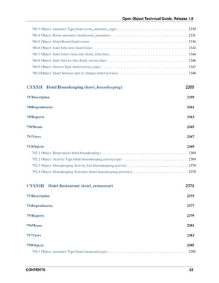 Open Object Technical Guide, Release 1.0
CONTENTS 53
786.3 Object: amenities Type (hotel.room_amenities_type) . . . . . . . . . . . . . . . . . . . . . . . . . . 2330
786.4 Object: Room amenities (hotel.room_amenities) . . . . . . . . . . . . . . . . . . . . . . . . . . . . 2331
786.5 Object: Hotel Room (hotel.room) . . . . . . . . . . . . . . . . . . . . . . . . . . . . . . . . . . . . 2336
786.6 Object: hotel folio new (hotel.folio) . . . . . . . . . . . . . . . . . . . . . . . . . . . . . . . . . . . 2342
786.7 Object: hotel folio1 room line (hotel_folio.line) . . . . . . . . . . . . . . . . . . . . . . . . . . . . . 2344
786.8 Object: hotel Service line (hotel_service.line) . . . . . . . . . . . . . . . . . . . . . . . . . . . . . . 2346
786.9 Object: Service Type (hotel.service_type) . . . . . . . . . . . . . . . . . . . . . . . . . . . . . . . . 2347
786.10Object: Hotel Services and its charges (hotel.services) . . . . . . . . . . . . . . . . . . . . . . . . . 2348
CXXXII Hotel Housekeeping (hotel_housekeeping) 2355
787Description 2359
788Dependencies 2361
789Reports 2363
790Menus 2365
791Views 2367
792Objects 2369
792.1 Object: Reservation (hotel.housekeeping) . . . . . . . . . . . . . . . . . . . . . . . . . . . . . . . . 2369
792.2 Object: Activity Type (hotel.housekeeping.activity.type) . . . . . . . . . . . . . . . . . . . . . . . . 2369
792.3 Object: Housekeeping Activity List (housekeeping.activity) . . . . . . . . . . . . . . . . . . . . . . 2370
792.4 Object: Housekeeping Activities (hotel.housekeeping.activities) . . . . . . . . . . . . . . . . . . . . 2370
CXXXIII Hotel Restaurant (hotel_restaurant) 2371
793Description 2375
794Dependencies 2377
795Reports 2379
796Menus 2381
797Views 2383
798Objects 2385
798.1 Object: amenities Type (hotel.menucard.type) . . . . . . . . . . . . . . . . . . . . . . . . . . . . . . 2385
 