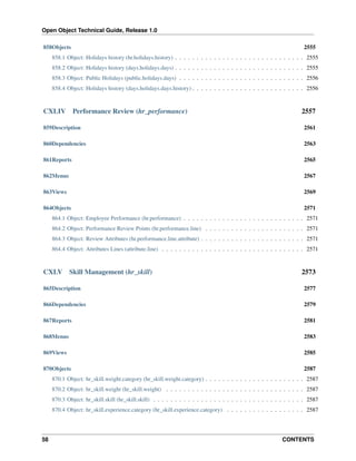 Open Object Technical Guide, Release 1.0
58 CONTENTS
858Objects 2555
858.1 Object: Holidays history (hr.holidays.history) . . . . . . . . . . . . . . . . . . . . . . . . . . . . . . 2555
858.2 Object: Holidays history (days.holidays.days) . . . . . . . . . . . . . . . . . . . . . . . . . . . . . . 2555
858.3 Object: Public Holidays (public.holidays.days) . . . . . . . . . . . . . . . . . . . . . . . . . . . . . 2556
858.4 Object: Holidays history (days.holidays.days.history) . . . . . . . . . . . . . . . . . . . . . . . . . . 2556
CXLIV Performance Review (hr_performance) 2557
859Description 2561
860Dependencies 2563
861Reports 2565
862Menus 2567
863Views 2569
864Objects 2571
864.1 Object: Employee Performance (hr.performance) . . . . . . . . . . . . . . . . . . . . . . . . . . . . 2571
864.2 Object: Performance Review Points (hr.performance.line) . . . . . . . . . . . . . . . . . . . . . . . 2571
864.3 Object: Review Attributes (hr.performance.line.attribute) . . . . . . . . . . . . . . . . . . . . . . . . 2571
864.4 Object: Attributes Lines (attribute.line) . . . . . . . . . . . . . . . . . . . . . . . . . . . . . . . . . 2571
CXLV Skill Management (hr_skill) 2573
865Description 2577
866Dependencies 2579
867Reports 2581
868Menus 2583
869Views 2585
870Objects 2587
870.1 Object: hr_skill.weight.category (hr_skill.weight.category) . . . . . . . . . . . . . . . . . . . . . . . 2587
870.2 Object: hr_skill.weight (hr_skill.weight) . . . . . . . . . . . . . . . . . . . . . . . . . . . . . . . . 2587
870.3 Object: hr_skill.skill (hr_skill.skill) . . . . . . . . . . . . . . . . . . . . . . . . . . . . . . . . . . . 2587
870.4 Object: hr_skill.experience.category (hr_skill.experience.category) . . . . . . . . . . . . . . . . . . 2587
 