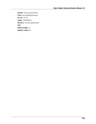 Open Object Technical Guide, Release 1.0
633
Module account_regularization
Name Account Regularizations
Version 5.0.1.0
Author ACYSOS S.L.
Directory account_regularization
Web
Ofﬁcial module no
Quality certiﬁed no
 
