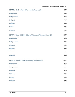 Open Object Technical Guide, Release 1.0
CONTENTS 69
CLXXIV Italy - Chart of Accounts (l10n_chart_it) 3039
1039Description 3043
1040Dependencies 3045
1041Reports 3047
1042Menus 3049
1043Views 3051
1044Objects 3053
CLXXV Italy - CC2424 - Chart of Accounts (l10n_chart_it_cc2424) 3055
1045Description 3059
1046Dependencies 3061
1047Reports 3063
1048Menus 3065
1049Views 3067
1050Objects 3069
CLXXVI Latvia - Chart of Accounts (l10n_chart_lv) 3071
1051Description 3075
1052Dependencies 3077
1053Reports 3079
1054Menus 3081
1055Views 3083
1056Objects 3085
 
