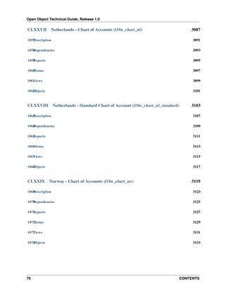 Open Object Technical Guide, Release 1.0
70 CONTENTS
CLXXVII Netherlands - Chart of Accounts (l10n_chart_nl) 3087
1057Description 3091
1058Dependencies 3093
1059Reports 3095
1060Menus 3097
1061Views 3099
1062Objects 3101
CLXXVIII Netherlands - Standard Chart of Account (l10n_chart_nl_standard) 3103
1063Description 3107
1064Dependencies 3109
1065Reports 3111
1066Menus 3113
1067Views 3115
1068Objects 3117
CLXXIX Norway - Chart of Accounts (l10n_chart_no) 3119
1069Description 3123
1070Dependencies 3125
1071Reports 3127
1072Menus 3129
1073Views 3131
1074Objects 3133
 