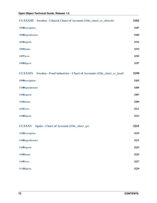 Open Object Technical Guide, Release 1.0
72 CONTENTS
CLXXXIII Sweden - Church Chart of Account (l10n_chart_se_church) 3183
1093Description 3187
1094Dependencies 3189
1095Reports 3191
1096Menus 3193
1097Views 3195
1098Objects 3197
CLXXXIV Sweden - Food industries - Chart of Accounts (l10n_chart_se_food) 3199
1099Description 3203
1100Dependencies 3205
1101Reports 3207
1102Menus 3209
1103Views 3211
1104Objects 3213
CLXXXV Spain - Chart of Account (l10n_chart_sp) 3215
1105Description 3219
1106Dependencies 3221
1107Reports 3223
1108Menus 3225
1109Views 3227
1110Objects 3229
 