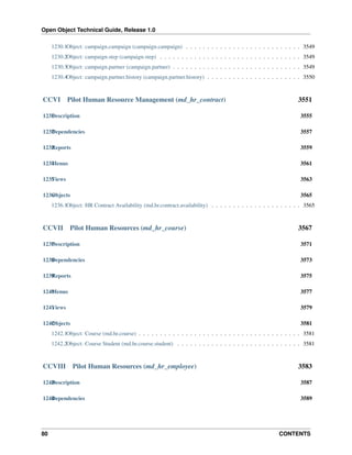 Open Object Technical Guide, Release 1.0
80 CONTENTS
1230.1Object: campaign.campaign (campaign.campaign) . . . . . . . . . . . . . . . . . . . . . . . . . . . 3549
1230.2Object: campaign.step (campaign.step) . . . . . . . . . . . . . . . . . . . . . . . . . . . . . . . . . 3549
1230.3Object: campaign.partner (campaign.partner) . . . . . . . . . . . . . . . . . . . . . . . . . . . . . . 3549
1230.4Object: campaign.partner.history (campaign.partner.history) . . . . . . . . . . . . . . . . . . . . . . 3550
CCVI Pilot Human Resource Management (md_hr_contract) 3551
1231Description 3555
1232Dependencies 3557
1233Reports 3559
1234Menus 3561
1235Views 3563
1236Objects 3565
1236.1Object: HR Contract Availability (md.hr.contract.availability) . . . . . . . . . . . . . . . . . . . . . 3565
CCVII Pilot Human Resources (md_hr_course) 3567
1237Description 3571
1238Dependencies 3573
1239Reports 3575
1240Menus 3577
1241Views 3579
1242Objects 3581
1242.1Object: Course (md.hr.course) . . . . . . . . . . . . . . . . . . . . . . . . . . . . . . . . . . . . . . 3581
1242.2Object: Course Student (md.hr.course.student) . . . . . . . . . . . . . . . . . . . . . . . . . . . . . 3581
CCVIII Pilot Human Resources (md_hr_employee) 3583
1243Description 3587
1244Dependencies 3589
 