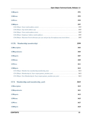 Open Object Technical Guide, Release 1.0
CONTENTS 81
1245Reports 3591
1246Menus 3593
1247Views 3595
1248Objects 3597
1248.1Object: Street (md.hr.address.street) . . . . . . . . . . . . . . . . . . . . . . . . . . . . . . . . . . . 3597
1248.2Object: Zip (md.hr.address.zip) . . . . . . . . . . . . . . . . . . . . . . . . . . . . . . . . . . . . . 3597
1248.3Object: Town (md.hr.address.town) . . . . . . . . . . . . . . . . . . . . . . . . . . . . . . . . . . . 3597
1248.4Object: Employee Address (md.hr.address) . . . . . . . . . . . . . . . . . . . . . . . . . . . . . . . 3597
1248.5Object: Maximun Travel allowance per year and per day (hr.employee.max.travel.allow) . . . . . . . 3597
CCIX Membership (membership) 3599
1249Description 3603
1250Dependencies 3605
1251Reports 3607
1252Menus 3609
1253Views 3611
1254Objects 3613
1254.1Object: Member line (membership.membership_line) . . . . . . . . . . . . . . . . . . . . . . . . . 3613
1254.2Object: Membership by Years (report.partner_member.year) . . . . . . . . . . . . . . . . . . . . . . 3613
1254.3Object: New Membership by Years (report.partner_member.year_new) . . . . . . . . . . . . . . . . 3613
CCX Membership card (membership_card) 3615
1255Description 3619
1256Dependencies 3621
1257Reports 3623
1258Menus 3625
1259Views 3627
1260Objects 3629
 