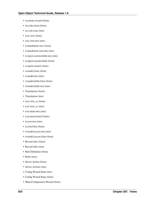 Open Object Technical Guide, Release 1.0
924 Chapter 287. Views
• ir.actions.wizard (form)
• res.roles.form (form)
• res.roles.tree (tree)
• ir.ui.view (form)
• ir.ui.view.tree (tree)
• ir.attachment.view (form)
• ir.attachment.view.tree (tree)
• ir.report.custom.ﬁelds.tree (tree)
• ir.report.custom.ﬁelds (form)
• ir.report.custom (form)
• ir.model.form (form)
• ir.model.tree (tree)
• ir.model.ﬁelds.form (form)
• ir.model.ﬁelds.tree (tree)
• Translations (form)
• Translations (tree)
• ir.ui.view_sc (form)
• ir.ui.view_sc (tree)
• ir.ui.menu.tree (tree)
• ir.ui.menu.form2 (form)
• ir.cron.tree (tree)
• ir.cron.form (form)
• ir.model.access.tree (tree)
• ir.model.access.form (form)
• Record rules (form)
• Record rules (tree)
• Rule Deﬁnition (form)
• Rules (tree)
• Server Action (form)
• Server Actions (tree)
• Conﬁg Wizard Steps (tree)
• Conﬁg Wizard Steps (form)
• Main Conﬁguration Wizard (form)
 