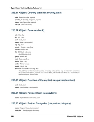 Open Object Technical Guide, Release 1.0
944 Chapter 288. Objects
288.51 Object: Country state (res.country.state)
code State Code, char, required
country_id Country, many2one, required
name State Name, char, required
city_ids Cities, one2many
288.52 Object: Bank (res.bank)
city City, char
fax Fax, char
code Code, char
name Name, char, required
zip Zip, char
country Country, many2one
street2 Street2, char
bic BIC/Swift code, char
Bank Identiﬁer Code
phone Phone, char
state State, many2one
street Street, char
active Active, boolean
email E-Mail, char
bilateral Bilateral Relationship, char
This ﬁeld may contain indications on the processing to be applied, e.g. an indication concerning
the globalisation of these payments.The content of this ﬁeld must be laid down on a bilateral basis
between the bank and its client.
288.53 Object: Function of the contact (res.partner.function)
code Code, char
name Position name, char, required
288.54 Object: Payment term (res.payterm)
name Payment term (short name), char
288.55 Object: Partner Categories (res.partner.category)
name Category Name, char, required
child_ids Childs Category, one2many
 