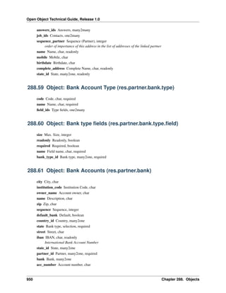 Open Object Technical Guide, Release 1.0
950 Chapter 288. Objects
answers_ids Answers, many2many
job_ids Contacts, one2many
sequence_partner Sequence (Partner), integer
order of importance of this address in the list of addresses of the linked partner
name Name, char, readonly
mobile Mobile, char
birthdate Birthdate, char
complete_address Complete Name, char, readonly
state_id State, many2one, readonly
288.59 Object: Bank Account Type (res.partner.bank.type)
code Code, char, required
name Name, char, required
ﬁeld_ids Type ﬁelds, one2many
288.60 Object: Bank type ﬁelds (res.partner.bank.type.ﬁeld)
size Max. Size, integer
readonly Readonly, boolean
required Required, boolean
name Field name, char, required
bank_type_id Bank type, many2one, required
288.61 Object: Bank Accounts (res.partner.bank)
city City, char
institution_code Institution Code, char
owner_name Account owner, char
name Description, char
zip Zip, char
sequence Sequence, integer
default_bank Default, boolean
country_id Country, many2one
state Bank type, selection, required
street Street, char
iban IBAN, char, readonly
International Bank Account Number
state_id State, many2one
partner_id Partner, many2one, required
bank Bank, many2one
acc_number Account number, char
 