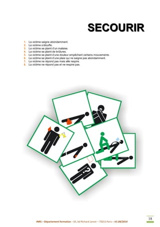 INRS – Département formation – 65, bd Richard Lenoir – 75011 Paris – V1.04/2014
18
SSSEEECCCOOOUUURRRIIIRRR
1. La victime saigne abondamment.
2. La victime s’étouffe.
3. La victime se plaint d’un malaise.
4. La victime se plaint de brûlures.
5. La victime se plaint d’une douleur empêchant certains mouvements.
6. La victime se plaint d’une plaie qui ne saigne pas abondamment.
7. La victime ne répond pas mais elle respire.
8. La victime ne répond pas et ne respire pas.
 