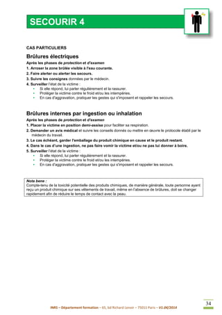 INRS – Département formation – 65, bd Richard Lenoir – 75011 Paris – V1.04/2014
34
CAS PARTICULIERS
Brûlures électriques
Après les phases de protection et d’examen
1. Arroser la zone brûlée visible à l'eau courante.
2. Faire alerter ou alerter les secours.
3. Suivre les consignes données par le médecin.
4. Surveiller l’état de la victime :
• Si elle répond, lui parler régulièrement et la rassurer.
• Protéger la victime contre le froid et/ou les intempéries.
• En cas d'aggravation, pratiquer les gestes qui s'imposent et rappeler les secours.
Brûlures internes par ingestion ou inhalation
Après les phases de protection et d’examen
1. Placer la victime en position demi-assise pour faciliter sa respiration.
2. Demander un avis médical et suivre les conseils donnés ou mettre en œuvre le protocole établi par le
médecin du travail.
3. Le cas échéant, garder l'emballage du produit chimique en cause et le produit restant.
4. Dans le cas d’une ingestion, ne pas faire vomir la victime et/ou ne pas lui donner à boire.
5. Surveiller l’état de la victime :
• Si elle répond, lui parler régulièrement et la rassurer.
• Protéger la victime contre le froid et/ou les intempéries.
• En cas d'aggravation, pratiquer les gestes qui s'imposent et rappeler les secours.
Nota bene :
Compte-tenu de la toxicité potentielle des produits chimiques, de manière générale, toute personne ayant
reçu un produit chimique sur ses vêtements de travail, même en l’absence de brûlures, doit se changer
rapidement afin de réduire le temps de contact avec la peau.
SECOURIR 4
 