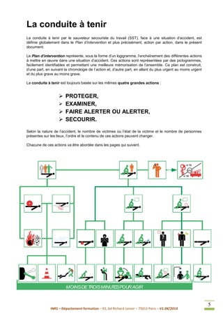 INRS – Département formation – 65, bd Richard Lenoir – 75011 Paris – V1.04/2014
5
La conduite à tenir
La conduite à tenir par le sauveteur secouriste du travail (SST), face à une situation d’accident, est
définie globalement dans le Plan d’intervention et plus précisément, action par action, dans le présent
document.
Le Plan d’intervention représente, sous la forme d’un logigramme, l’enchaînement des différentes actions
à mettre en œuvre dans une situation d’accident. Ces actions sont représentées par des pictogrammes,
facilement identifiables et permettant une meilleure mémorisation de l’ensemble. Ce plan est construit,
d’une part, en suivant la chronologie de l’action et, d’autre part, en allant du plus urgent au moins urgent
et du plus grave au moins grave.
La conduite à tenir est toujours basée sur les mêmes quatre grandes actions :
 PROTEGER,
 EXAMINER,
 FAIRE ALERTER OU ALERTER,
 SECOURIR.
Selon la nature de l’accident, le nombre de victimes ou l’état de la victime et le nombre de personnes
présentes sur les lieux, l’ordre et le contenu de ces actions peuvent changer.
Chacune de ces actions va être abordée dans les pages qui suivent.
MOINSDETROISMINUTESPOURAGIR
 