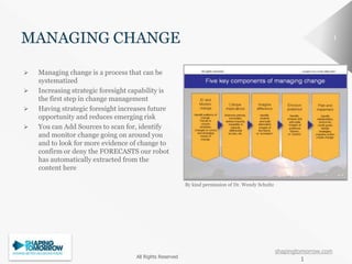 shapingtomorrow.com
11
 Managing change is a process that can be
systematized
 Increasing strategic foresight capability is
the first step in change management
 Having strategic foresight increases future
opportunity and reduces emerging risk
 You can Add Sources to scan for, identify
and monitor change going on around you
and to look for more evidence of change to
confirm or deny the FORECASTS our robot
has automatically extracted from the
content here
All Rights Reserved
1
By kind permission of Dr. Wendy Schultz
 