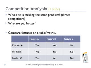 Competition analysis  (1 slide) <ul><li>Who else is tackling the same problem? (direct competitors) </li></ul><ul><li>Why ...